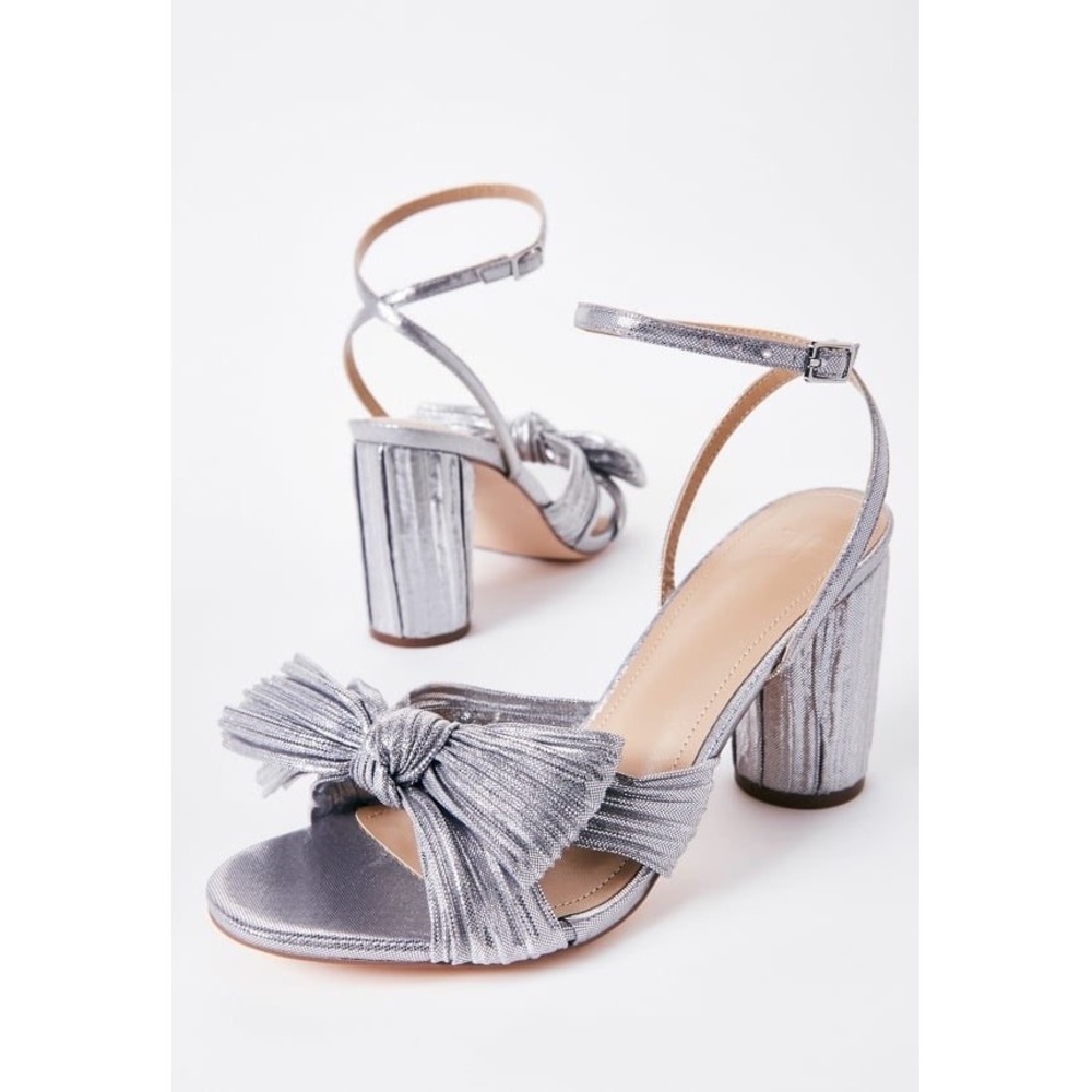 JF JustFab Poppy‎ Silver Metallic Pleated Bow Block Heel Sandals Womens 7.5